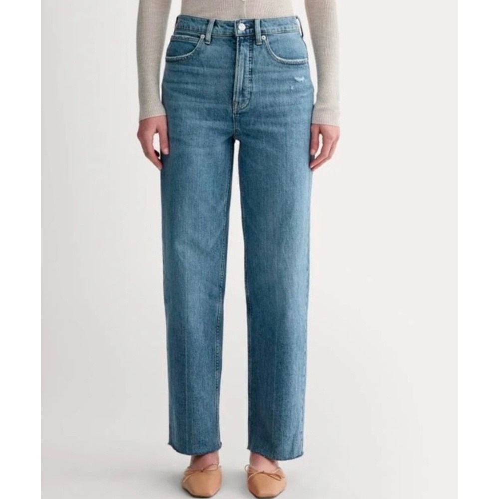 Everlane The Way High Blue Straight Leg Raw Hem Jeans WMS 33R